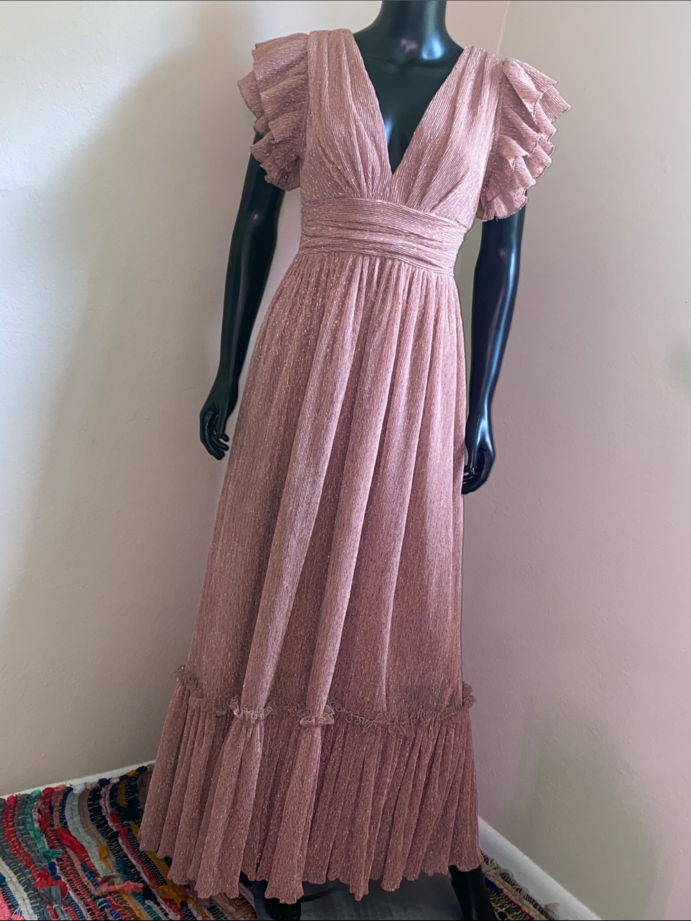 Mable Dusty Rose Adorable Dramatic Ruffle Shimmer Maxi Dress โจ - Picture 1 of 15